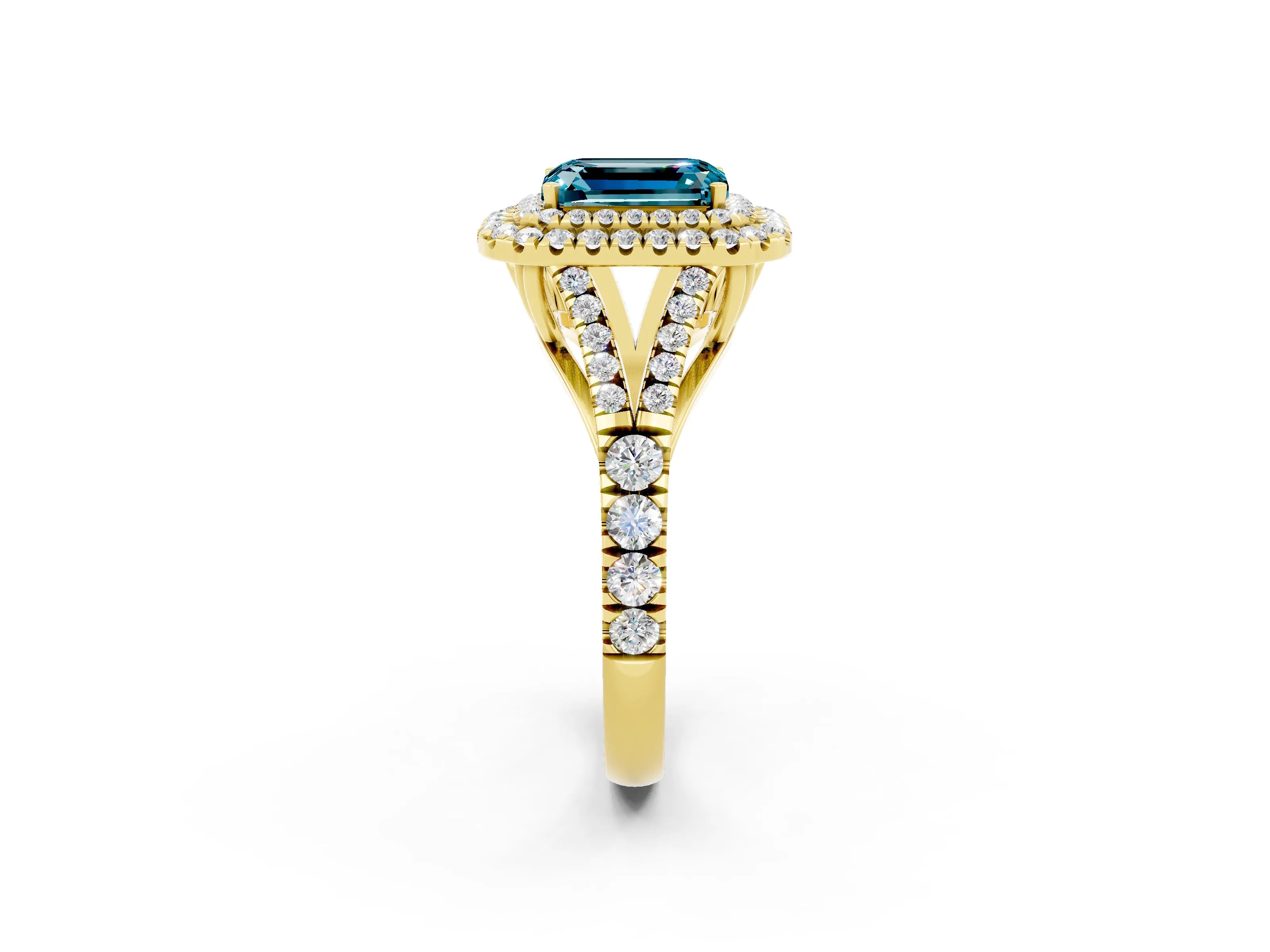 Yellow gold Emerald Cut Blue Topaz Double Halo Ring with Split Shank and Prong Setting_14