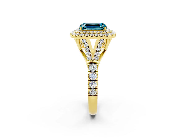 Yellow gold Emerald Cut Blue Topaz Double Halo Ring with Split Shank and Prong Setting