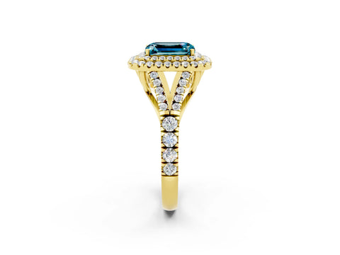 Yellow gold Emerald Cut Blue Topaz Double Halo Ring with Split Shank and Prong Setting_14