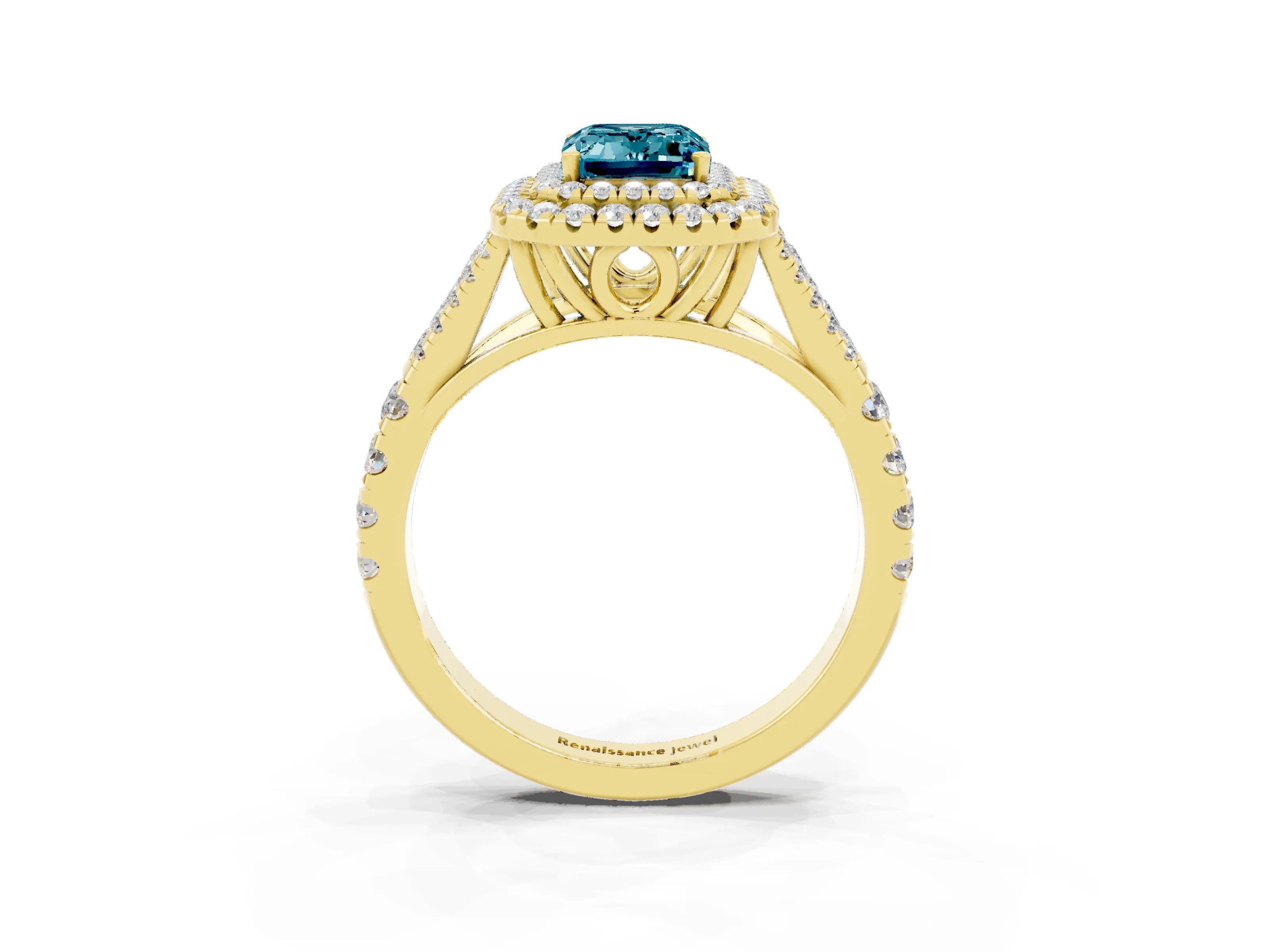 Yellow gold Emerald Cut Blue Topaz Double Halo Ring with Split Shank and Prong Setting_15