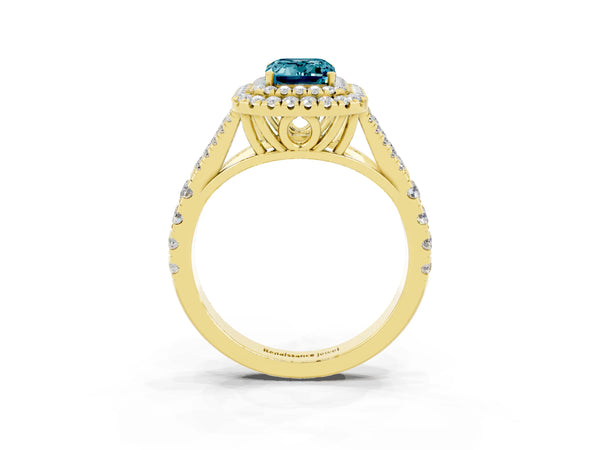 Yellow gold Emerald Cut Blue Topaz Double Halo Ring with Split Shank and Prong Setting