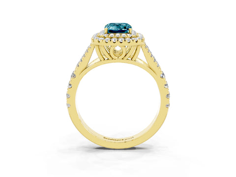 Yellow gold Emerald Cut Blue Topaz Double Halo Ring with Split Shank and Prong Setting_15