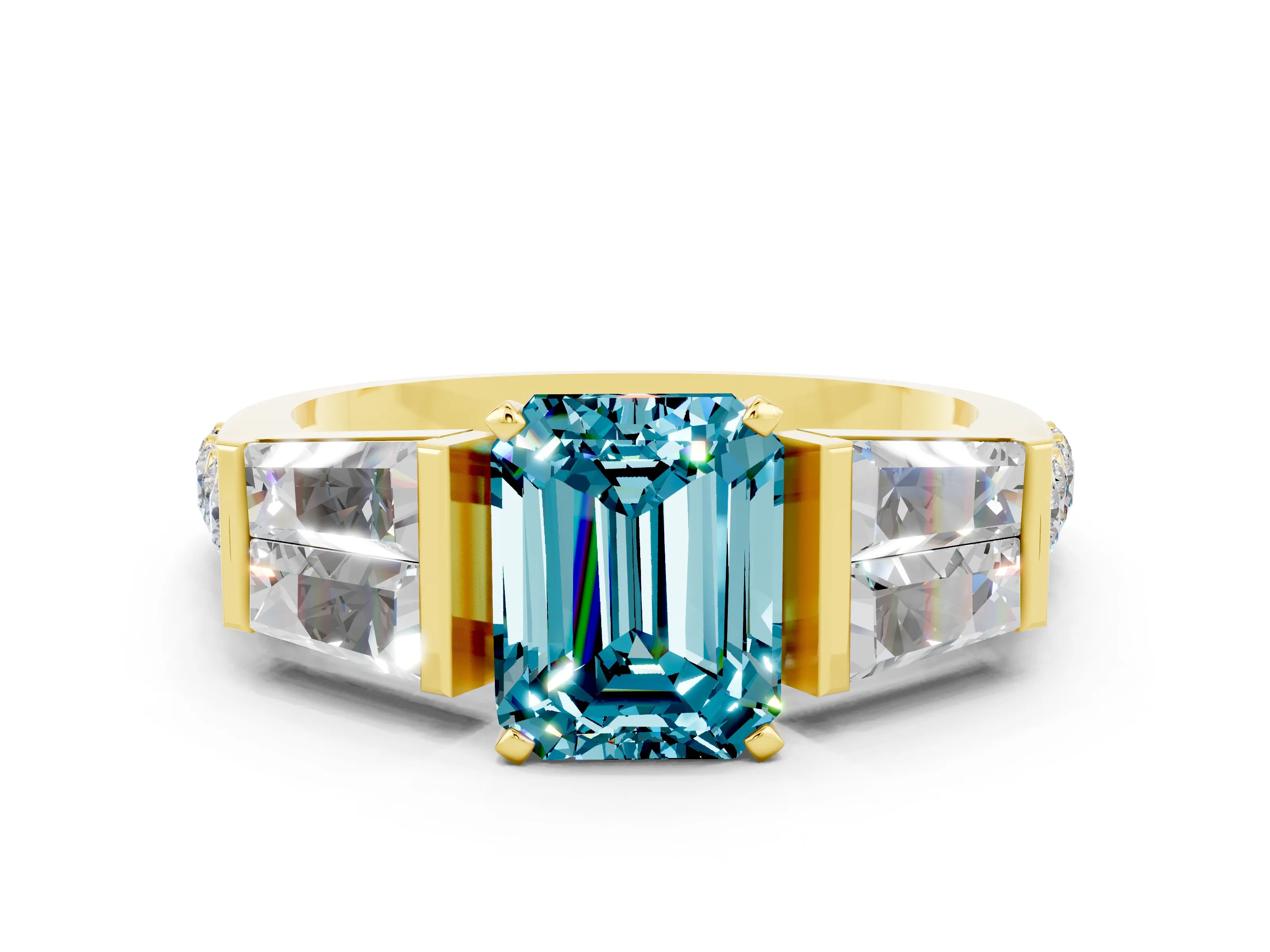 Yellow gold Emerald Cut Blue Topaz Engagement Ring with Baguette Side Stones and Channel Set Band