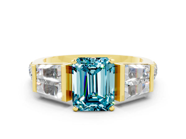 Yellow gold Emerald Cut Blue Topaz Engagement Ring with Baguette Side Stones and Channel Set Band