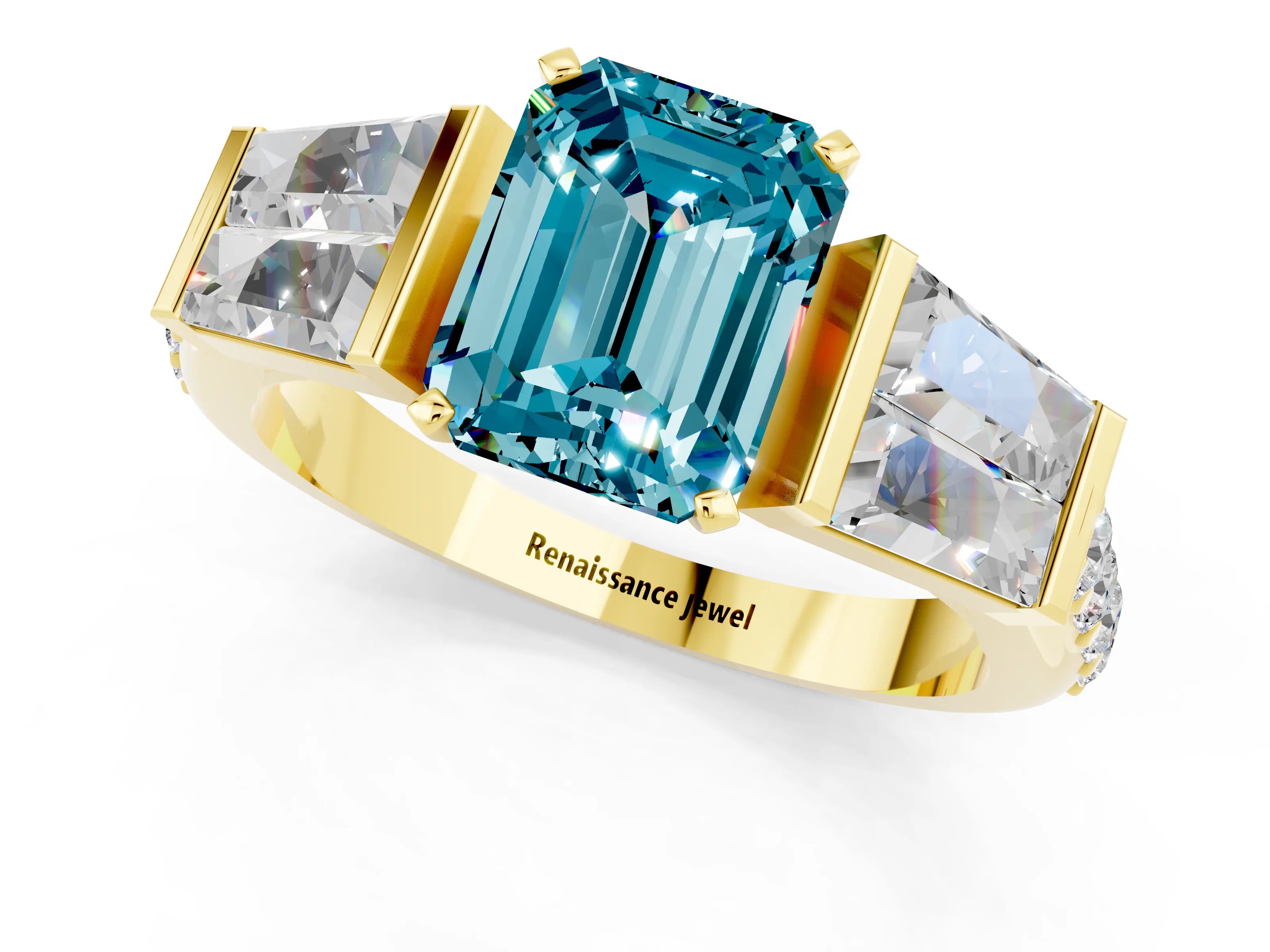 Yellow gold Emerald Cut Blue Topaz Engagement Ring with Baguette Side Stones and Channel Set Band_1