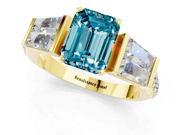Yellow gold Emerald Cut Blue Topaz Engagement Ring with Baguette Side Stones and Channel Set Band