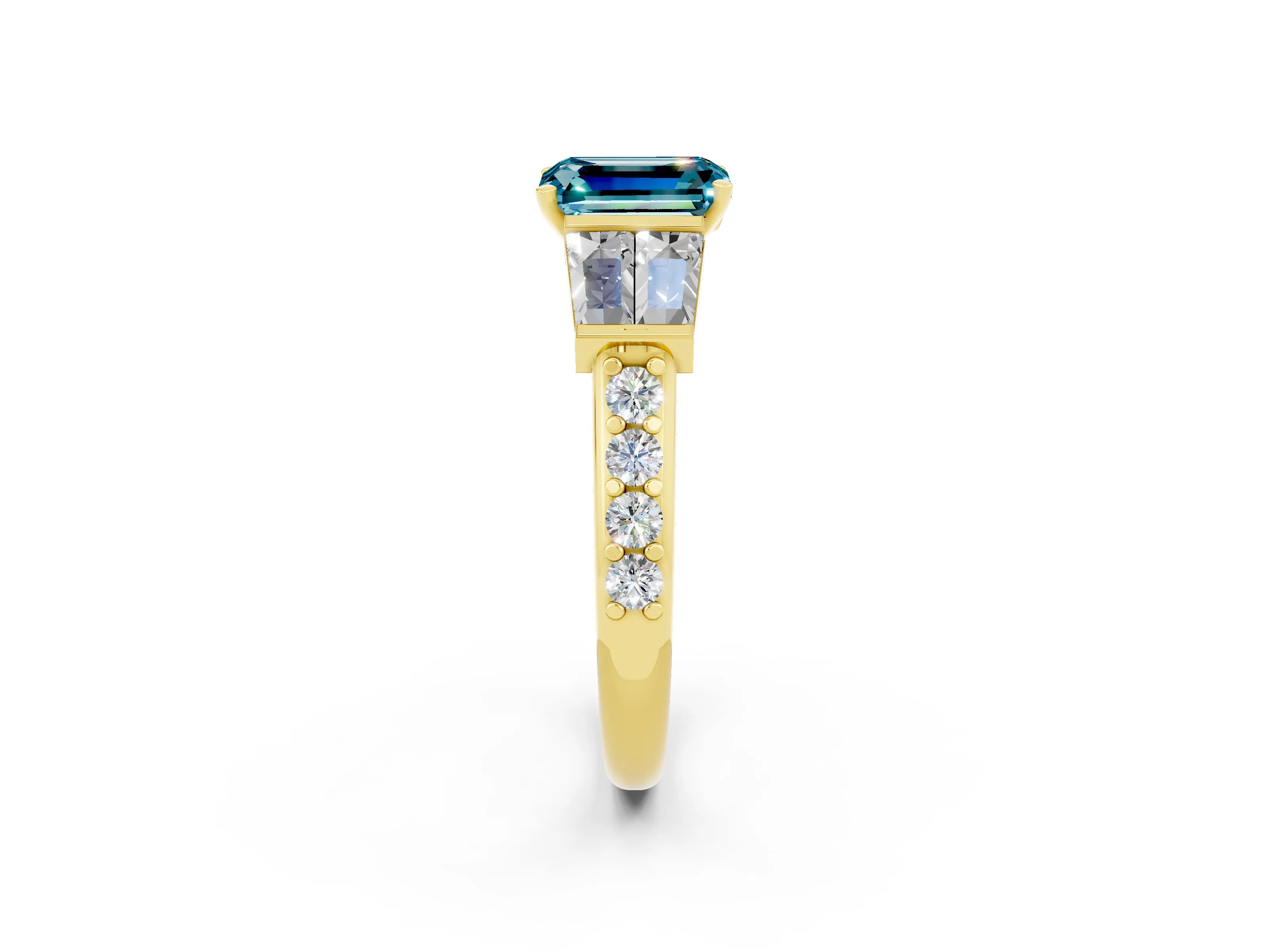 Yellow gold Emerald Cut Blue Topaz Engagement Ring with Baguette Side Stones and Channel Set Band_2