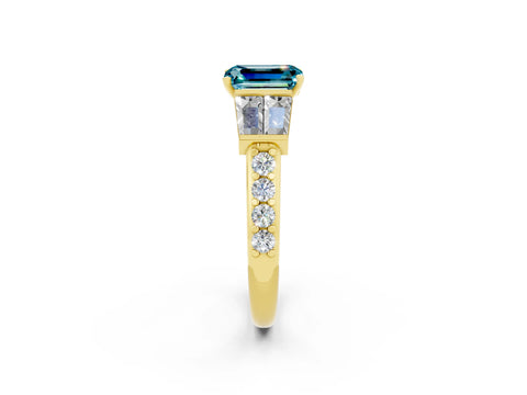 Yellow gold Emerald Cut Blue Topaz Engagement Ring with Baguette Side Stones and Channel Set Band_2
