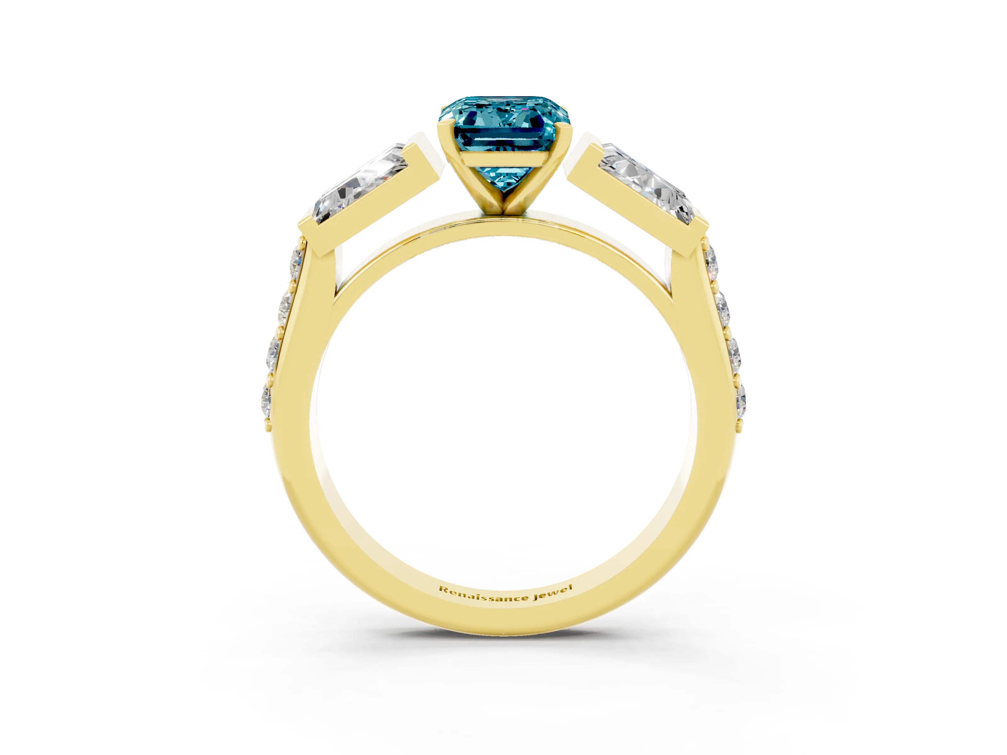 Yellow gold Emerald Cut Blue Topaz Engagement Ring with Baguette Side Stones and Channel Set Band_3