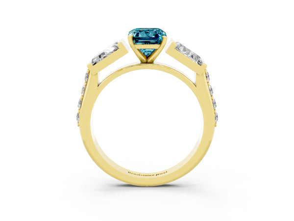 Yellow gold Emerald Cut Blue Topaz Engagement Ring with Baguette Side Stones and Channel Set Band
