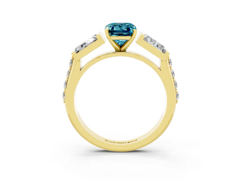 Yellow gold Emerald Cut Blue Topaz Engagement Ring with Baguette Side Stones and Channel Set Band_3