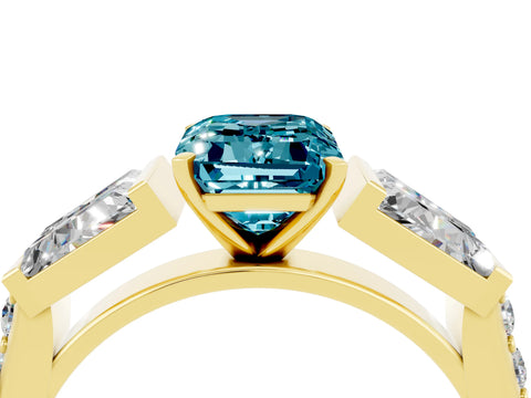 Yellow gold Emerald Cut Blue Topaz Engagement Ring with Baguette Side Stones and Channel Set Band_4