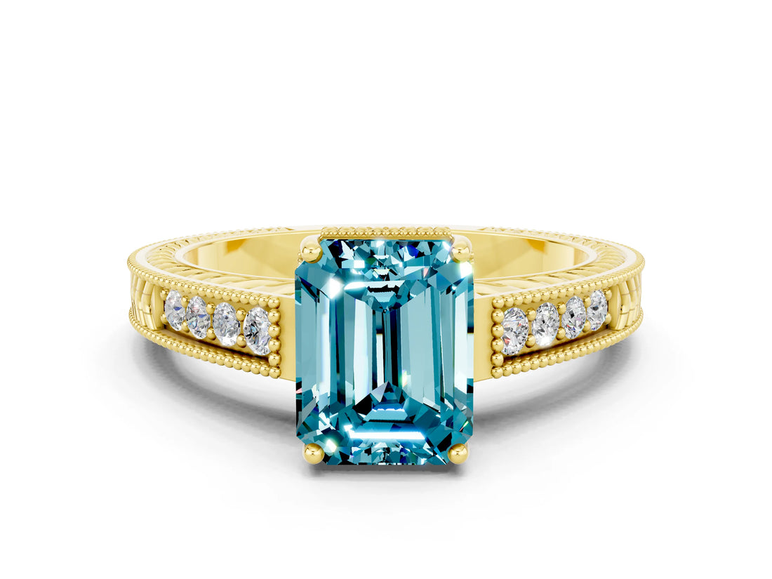 Yellow gold Emerald Cut Blue Topaz Engagement Ring with Milgrain Channel Set Band and Prong Setting