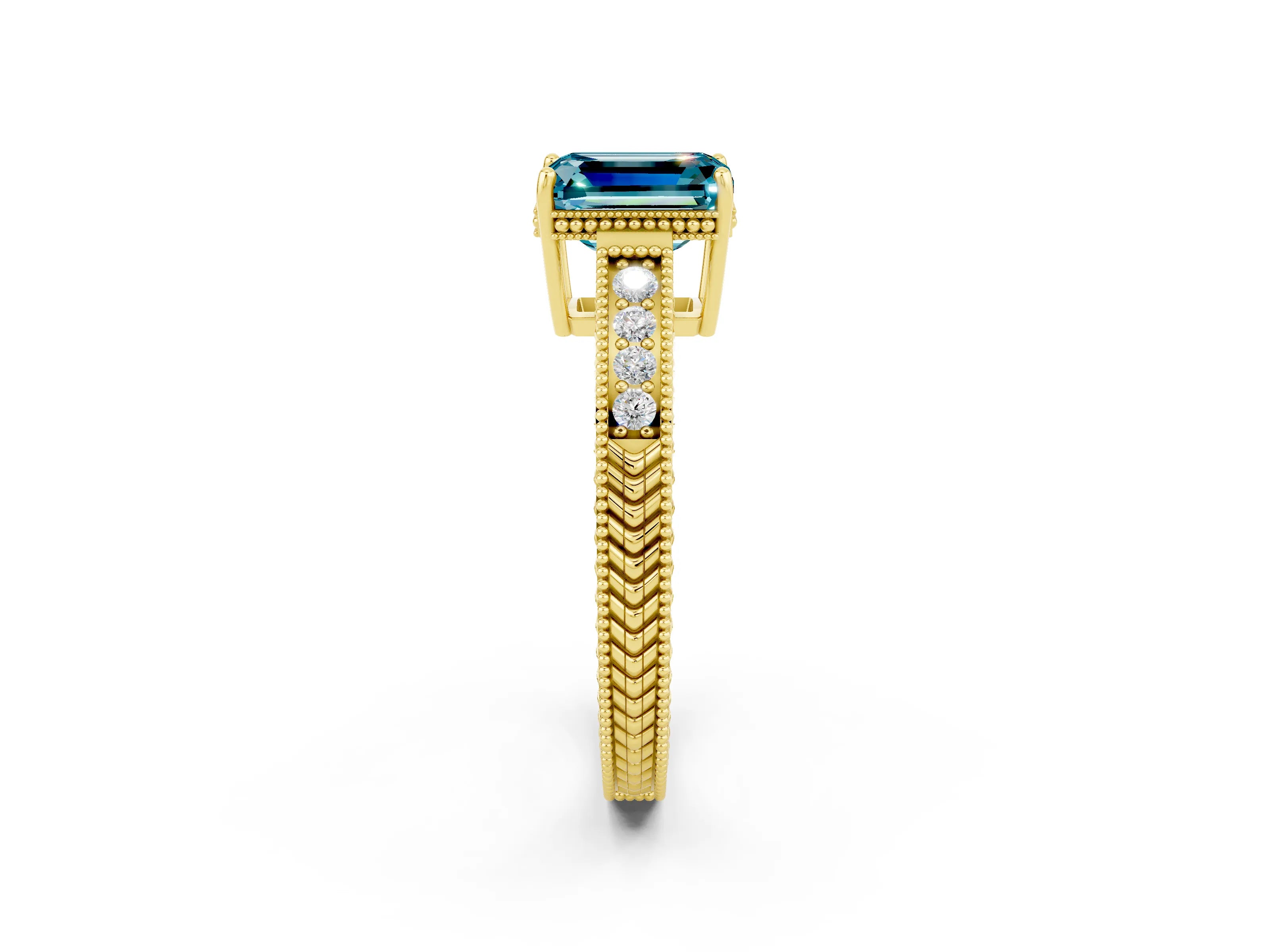 Yellow gold Emerald Cut Blue Topaz Engagement Ring with Milgrain Channel Set Band and Prong Setting_2