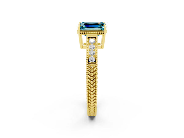 Yellow gold Emerald Cut Blue Topaz Engagement Ring with Milgrain Channel Set Band and Prong Setting