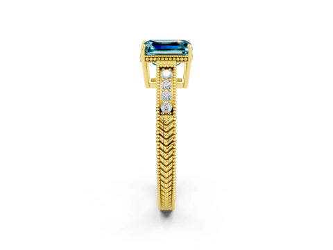 Yellow gold Emerald Cut Blue Topaz Engagement Ring with Milgrain Channel Set Band and Prong Setting_2