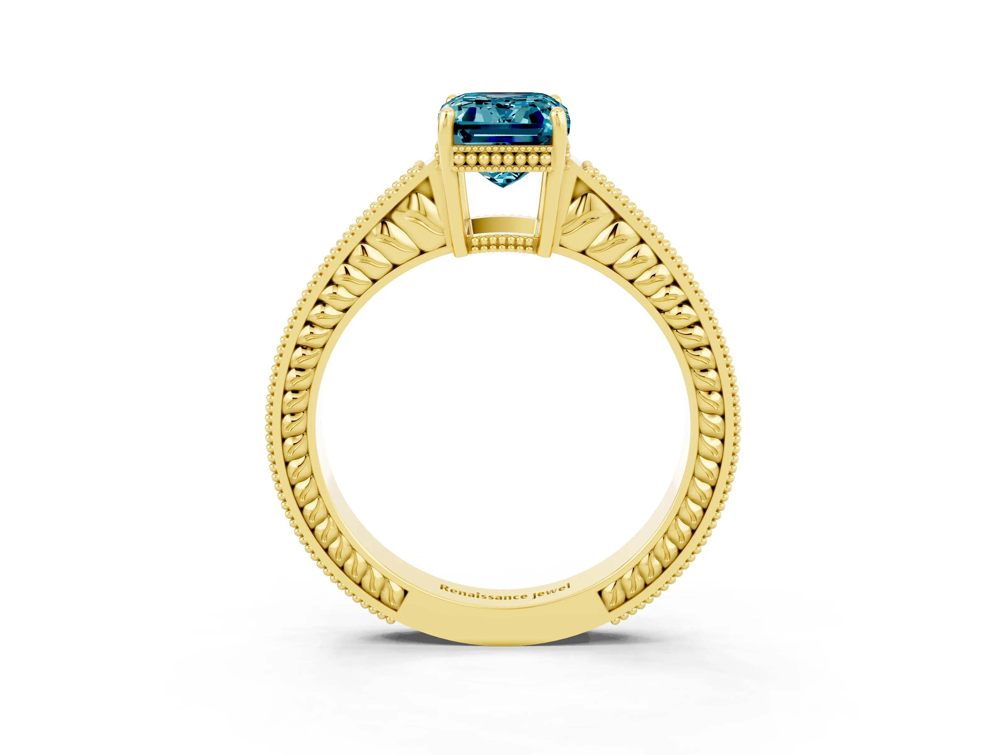 Yellow gold Emerald Cut Blue Topaz Engagement Ring with Milgrain Channel Set Band and Prong Setting_3