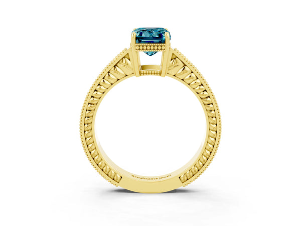 Yellow gold Emerald Cut Blue Topaz Engagement Ring with Milgrain Channel Set Band and Prong Setting