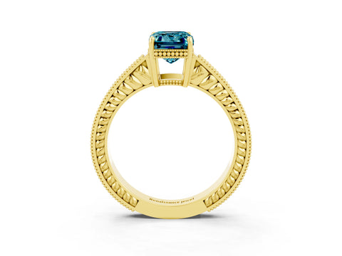 Yellow gold Emerald Cut Blue Topaz Engagement Ring with Milgrain Channel Set Band and Prong Setting_3