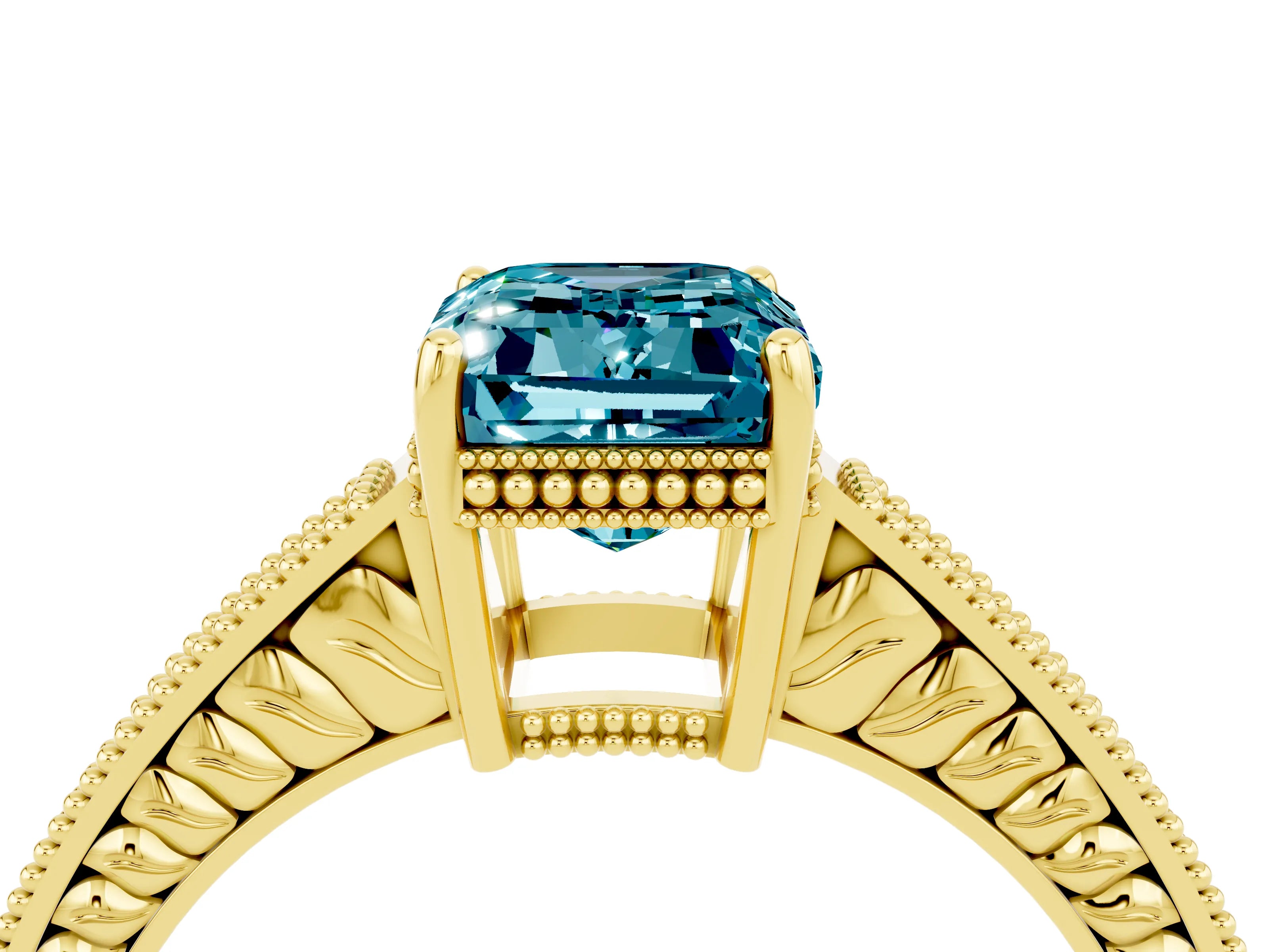 Yellow gold Emerald Cut Blue Topaz Engagement Ring with Milgrain Channel Set Band and Prong Setting_4