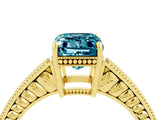 Yellow gold Emerald Cut Blue Topaz Engagement Ring with Milgrain Channel Set Band and Prong Setting_4