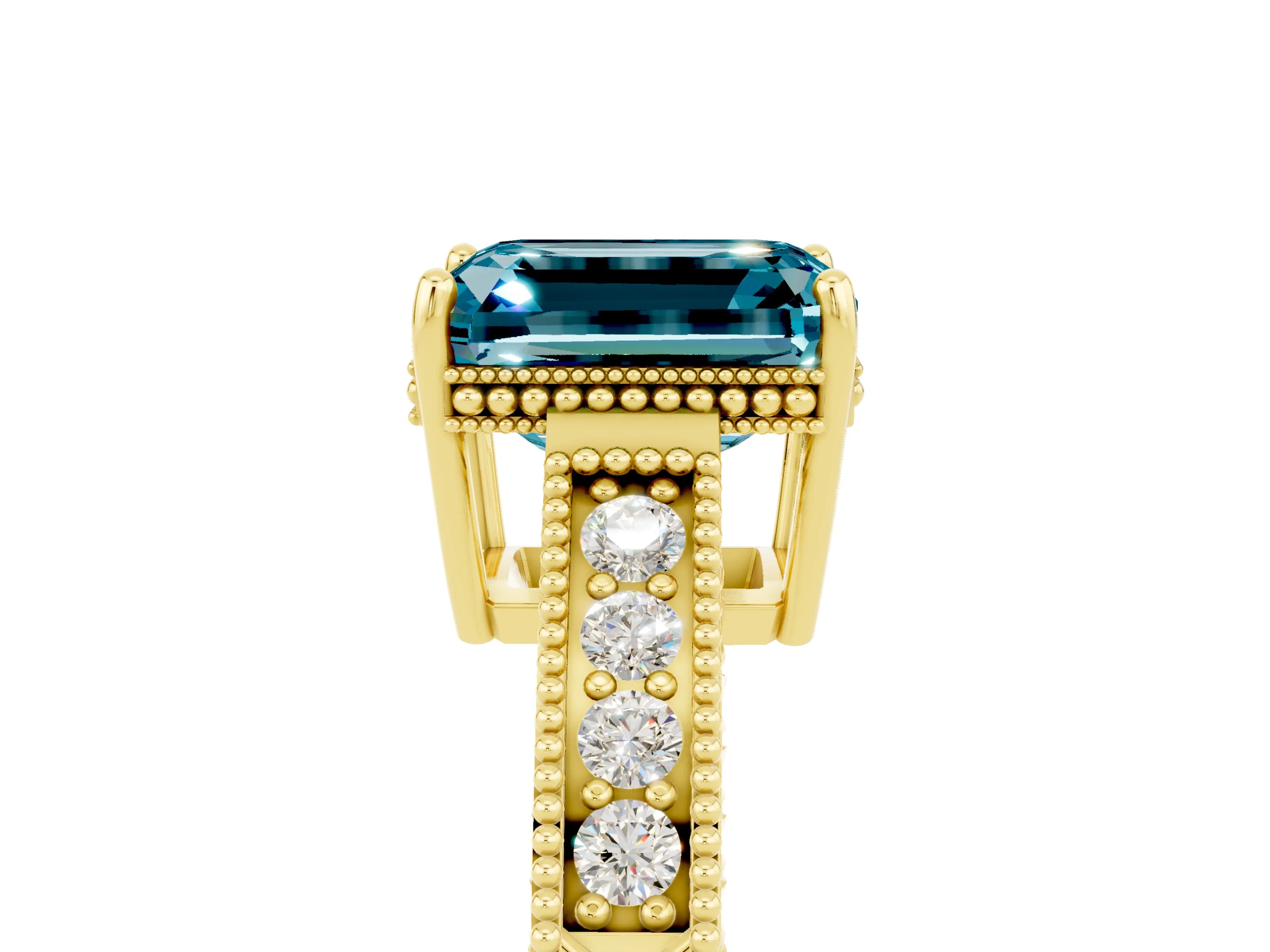 Yellow gold Emerald Cut Blue Topaz Engagement Ring with Milgrain Channel Set Band and Prong Setting_5