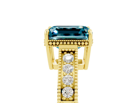 Yellow gold Emerald Cut Blue Topaz Engagement Ring with Milgrain Channel Set Band and Prong Setting_5