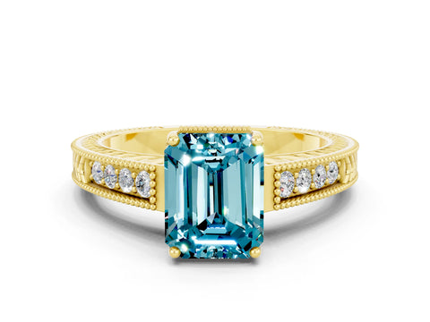 Yellow gold Emerald Cut Blue Topaz Engagement Ring with Milgrain Channel Set Band and Prong Setting