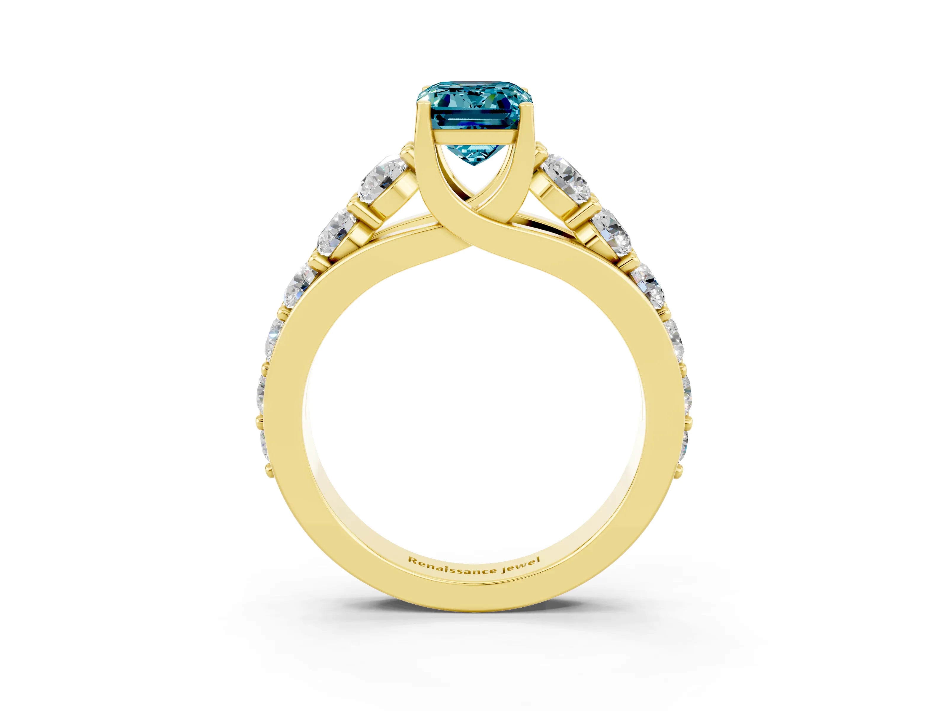 Yellow gold Emerald Cut Blue Topaz Engagement Ring with Pavé Band and Four-Prong Setting_3
