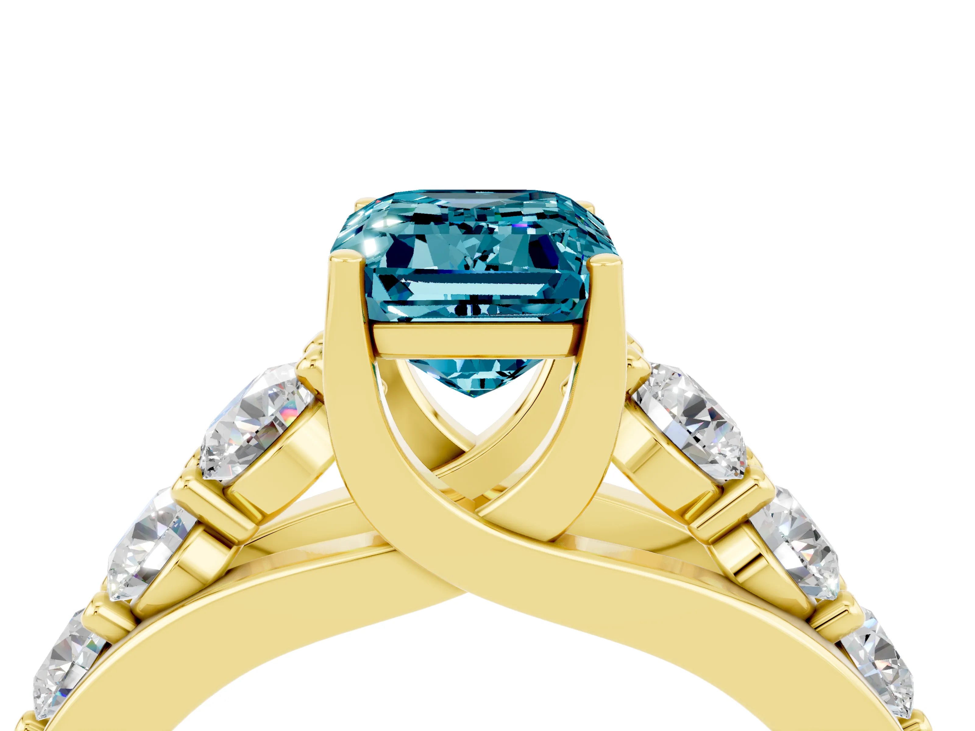 Yellow gold Emerald Cut Blue Topaz Engagement Ring with Pavé Band and Four-Prong Setting_4