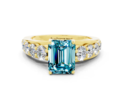 Yellow gold Emerald Cut Blue Topaz Engagement Ring with Pavé Band and Four-Prong Setting