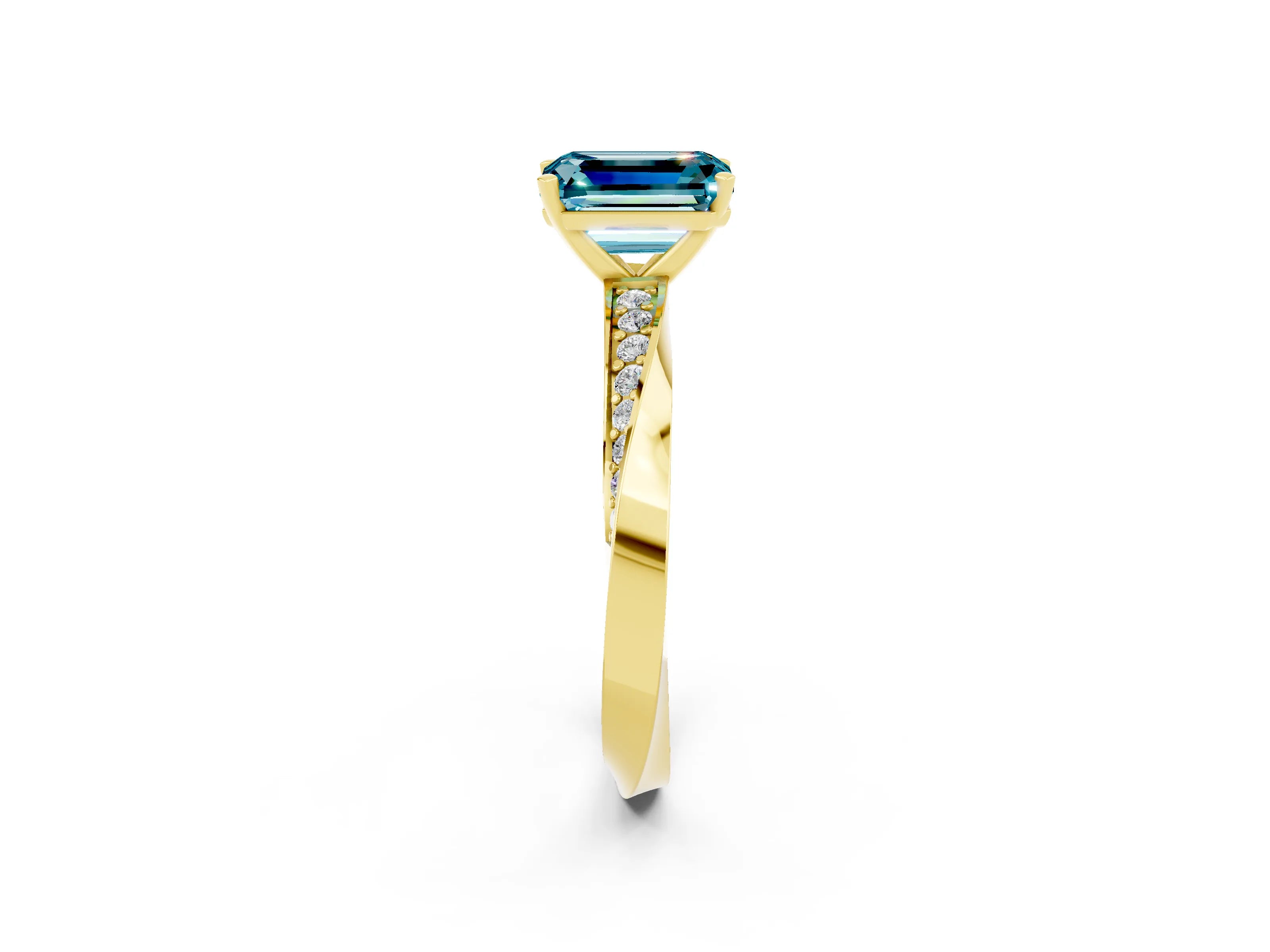 Yellow gold Emerald Cut Blue Topaz Engagement Ring with Side Stone Accents and Four-Prong Setting_29