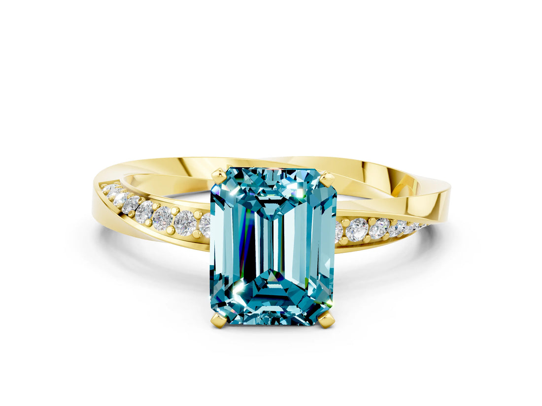 Yellow gold Emerald Cut Blue Topaz Engagement Ring with Side Stone Accents and Four-Prong Setting_60