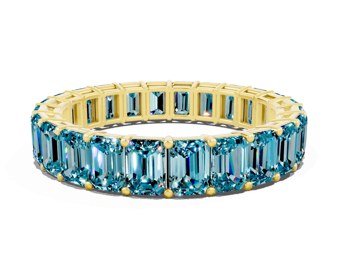 Yellow gold Emerald Cut Blue Topaz Eternity Band with Shared Prong Setting_6