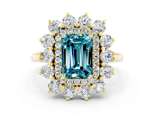 Yellow gold Emerald Cut Blue Topaz Floral Double Halo Engagement Ring with Prong Setting