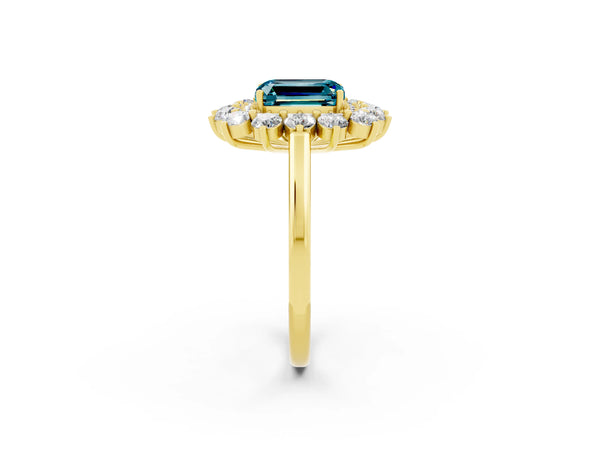 Yellow gold Emerald Cut Blue Topaz Floral Double Halo Engagement Ring with Prong Setting