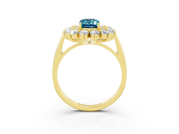 Yellow gold Emerald Cut Blue Topaz Floral Double Halo Engagement Ring with Prong Setting