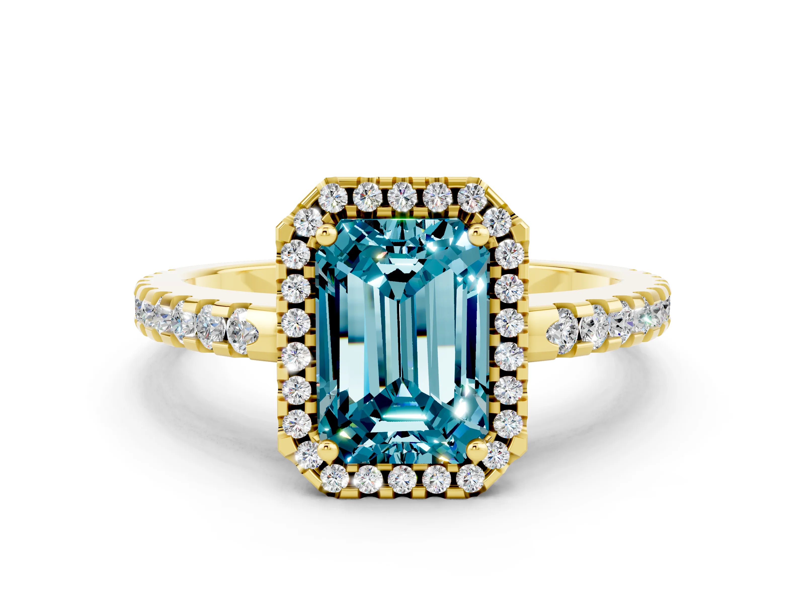 Yellow gold Emerald Cut Blue Topaz Halo Engagement Ring with Pavé Band and Prong Setting_12