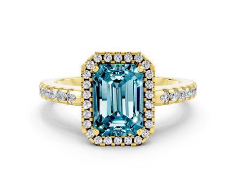 Yellow gold Emerald Cut Blue Topaz Halo Engagement Ring with Pavé Band and Prong Setting_12