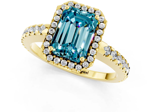 Yellow gold Emerald Cut Blue Topaz Halo Engagement Ring with Pavé Band and Prong Setting