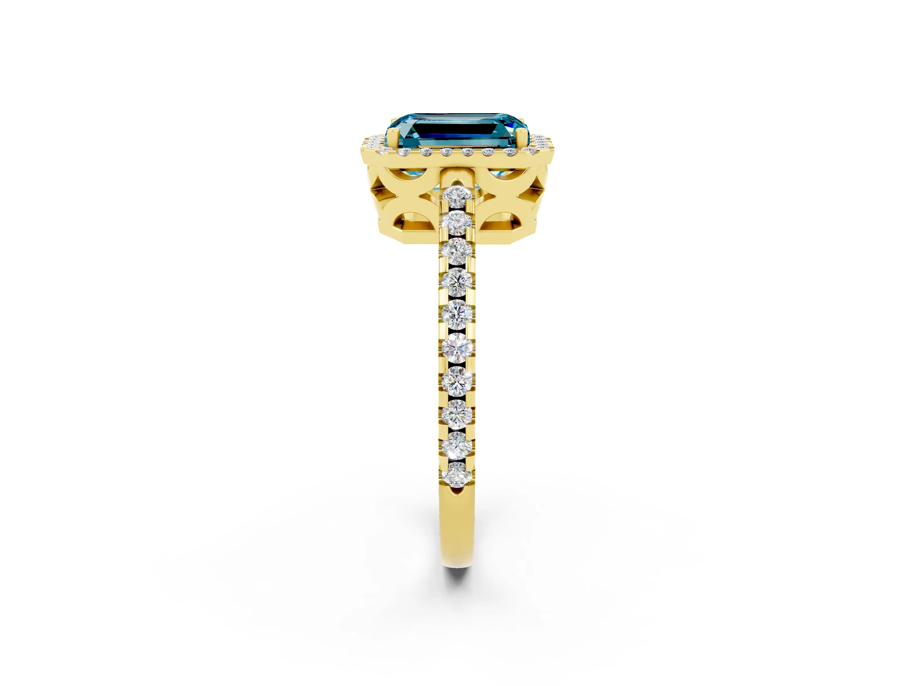 Yellow gold Emerald Cut Blue Topaz Halo Engagement Ring with Pavé Band and Prong Setting_14