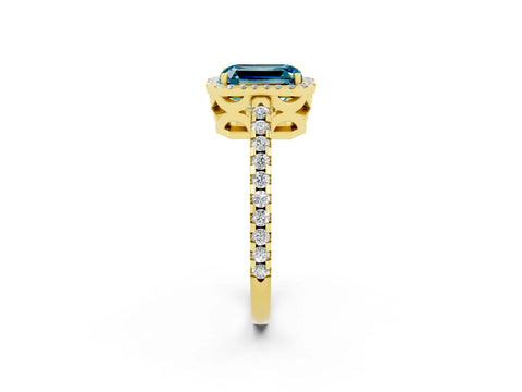 Yellow gold Emerald Cut Blue Topaz Halo Engagement Ring with Pavé Band and Prong Setting_14
