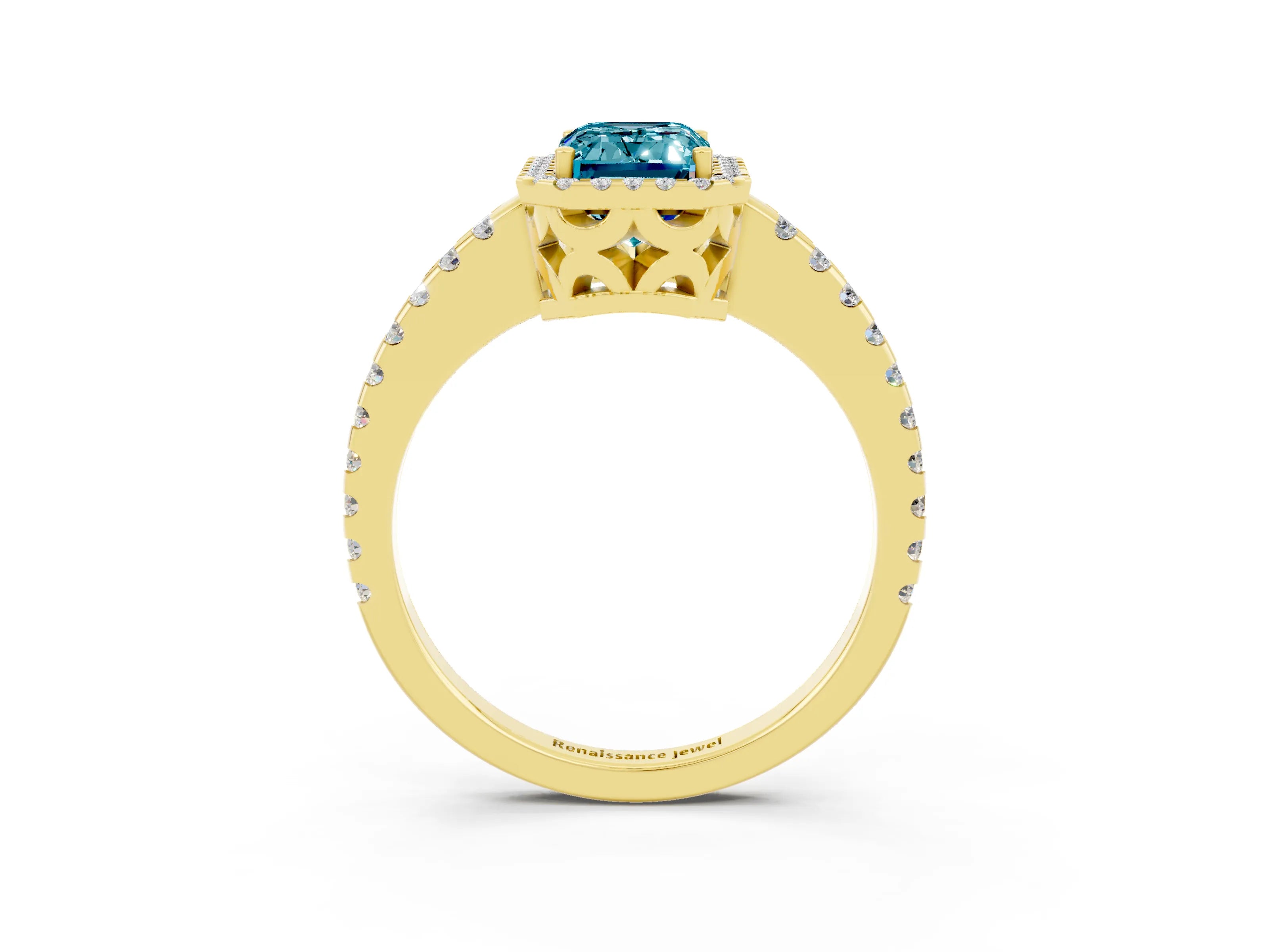 Yellow gold Emerald Cut Blue Topaz Halo Engagement Ring with Pavé Band and Prong Setting_15