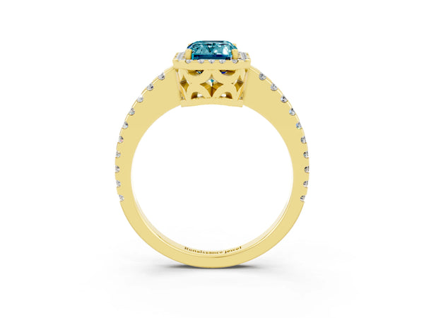 Yellow gold Emerald Cut Blue Topaz Halo Engagement Ring with Pavé Band and Prong Setting