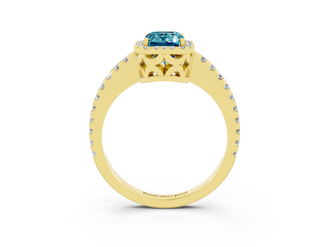 Yellow gold Emerald Cut Blue Topaz Halo Engagement Ring with Pavé Band and Prong Setting_15