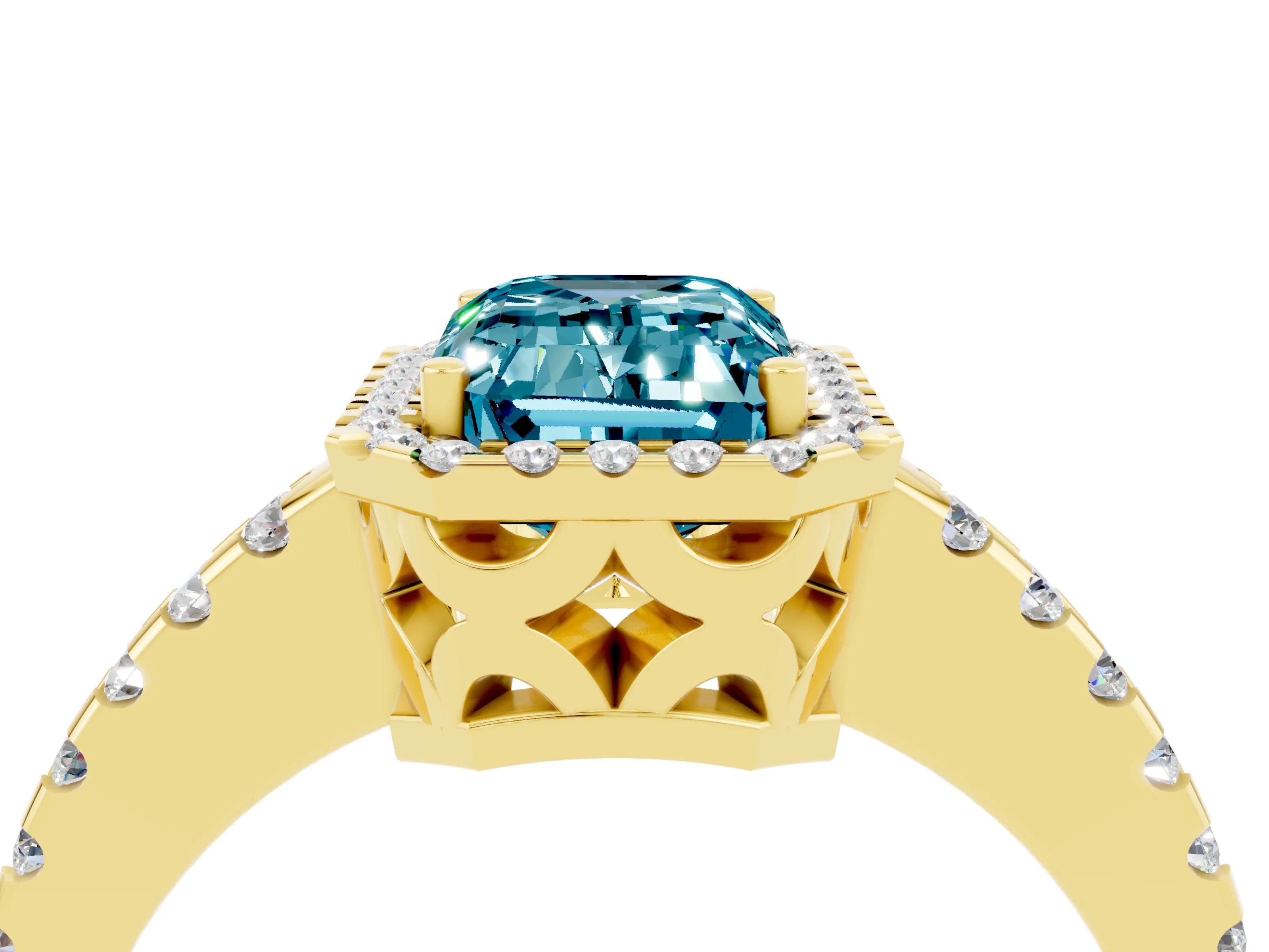 Yellow gold Emerald Cut Blue Topaz Halo Engagement Ring with Pavé Band and Prong Setting_16
