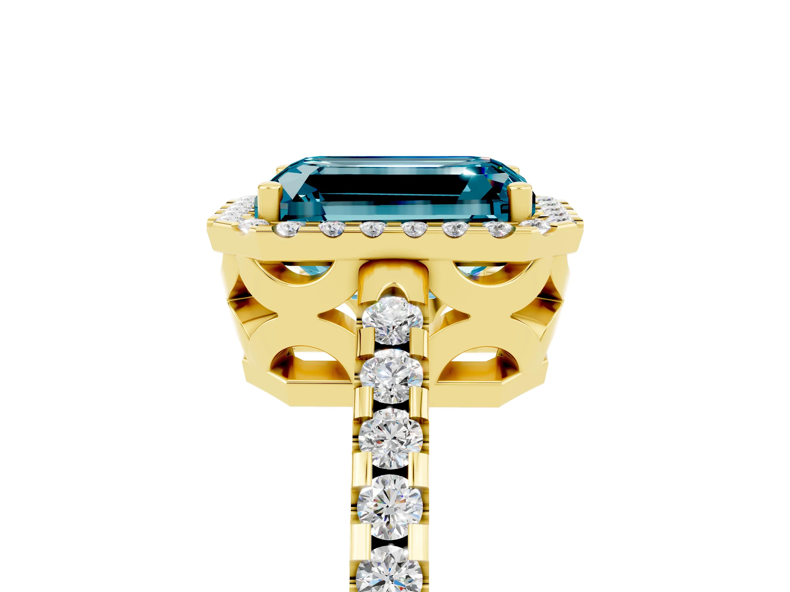 Yellow gold Emerald Cut Blue Topaz Halo Engagement Ring with Pavé Band and Prong Setting_17