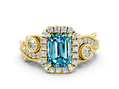 Yellow gold Emerald Cut Blue Topaz Halo Ring with Milgrain Pavé Band and Four-Prong Setting_12