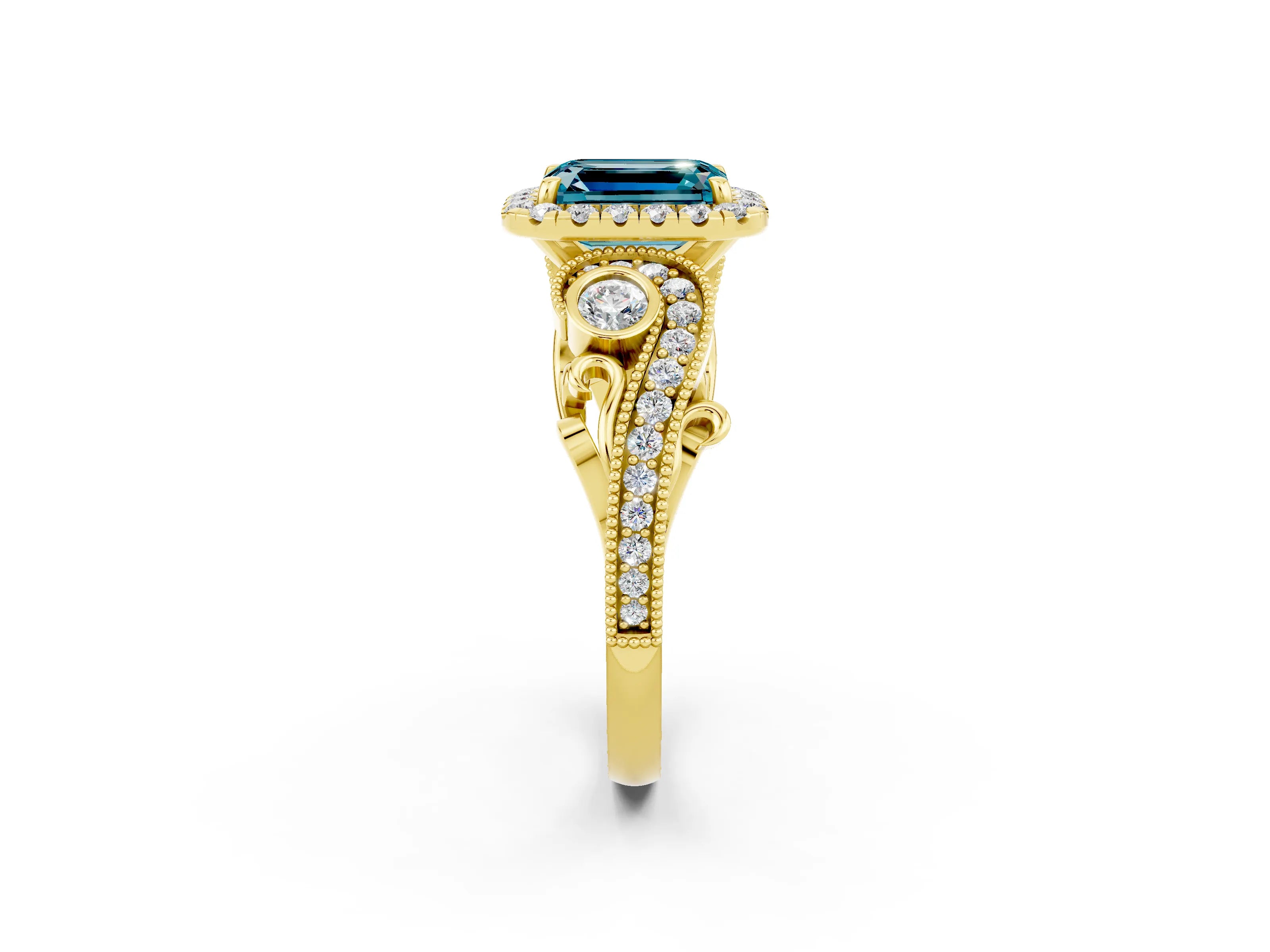 Yellow gold Emerald Cut Blue Topaz Halo Ring with Milgrain Pavé Band and Four-Prong Setting_14