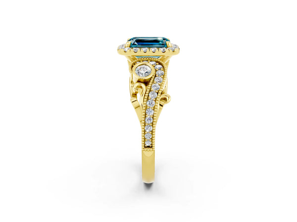 Yellow gold Emerald Cut Blue Topaz Halo Ring with Milgrain Pavé Band and Four-Prong Setting